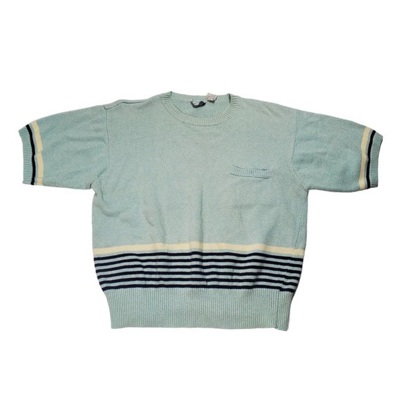 VTG 80s Corporate Woman Knit Cardigan Sweater Set Stripes S/S Top Open-Front - Picture 4 of 7